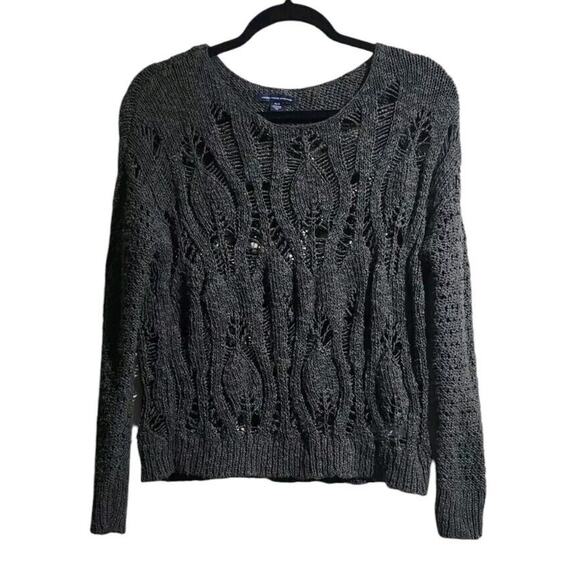 American Eagle Boxy Cropped Loose Open Knit Sweater Sz Medium Olive Green Preppy - Picture 1 of 9